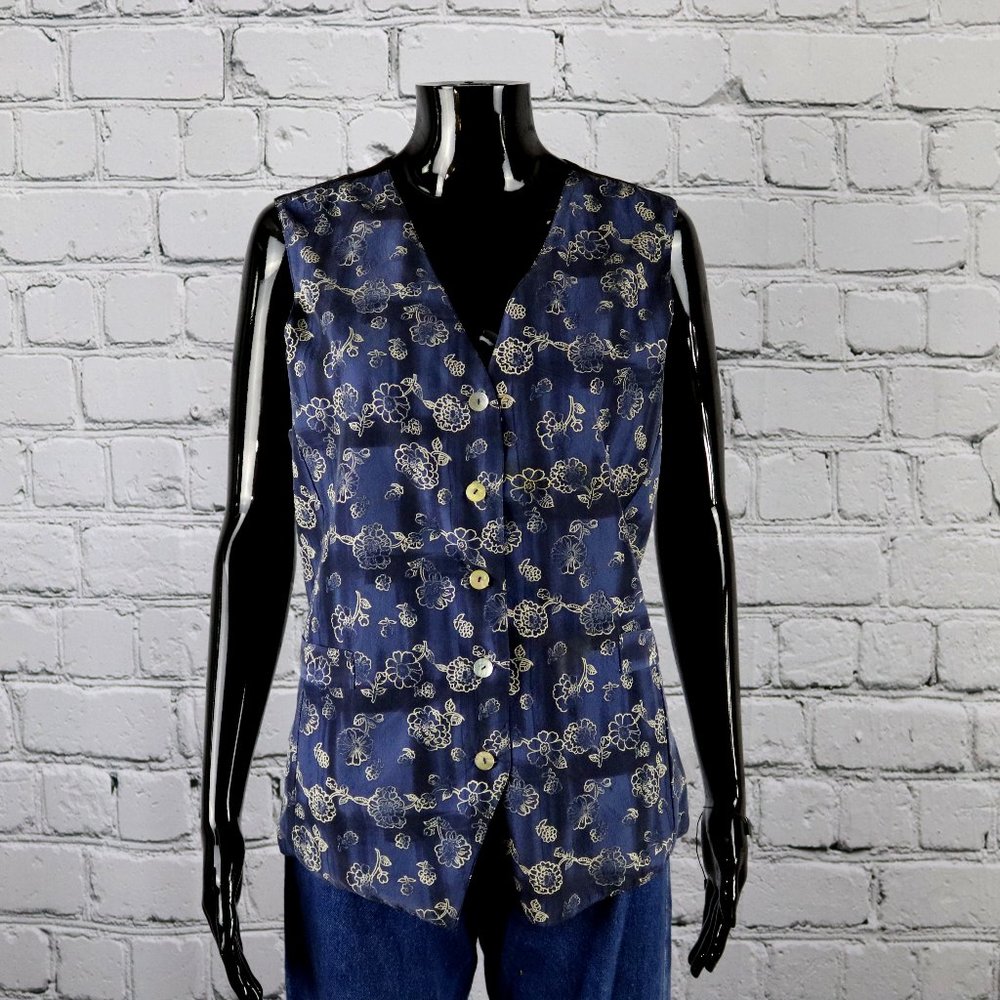 1990's Vintage Blue and White Floral Silk Vest